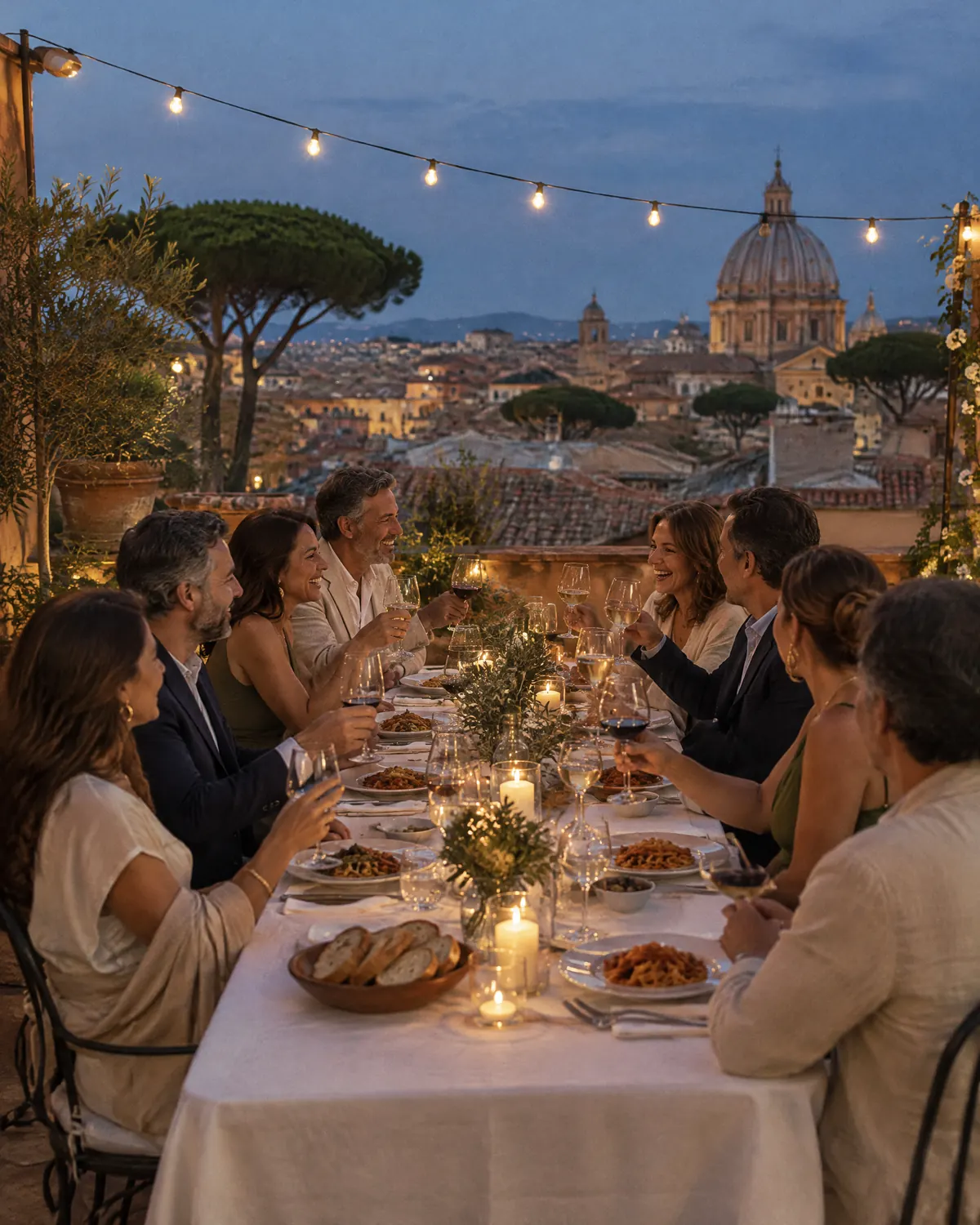 Jantar em grupo num terraço de Roma ao anoitecer