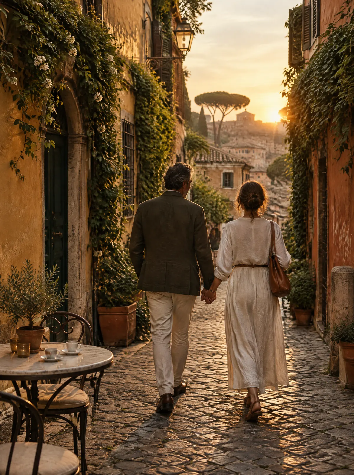 Casal caminhando de mãos dadas por uma rua de Trastevere ao entardecer